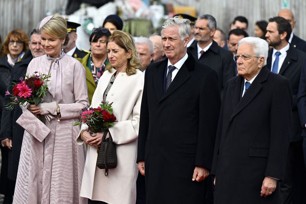 Queen Mathilde of Belgium, Laura Mattarella, King Philippe - Filip of Belgium and Italy President Sergio Mattarella pictured during a visit to Le Bois du Cazier industrial heritage site and former coal mine, in Marcinelle