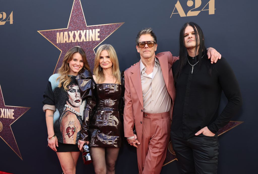 Sosie Bacon, Kyra Sedgwick, Kevin Bacon and Travis Bacon at the Los Angeles Premiere of A24's "MAXXXINE" at TCL Chinese Theatre on June 24, 2024 in Hollywood, California