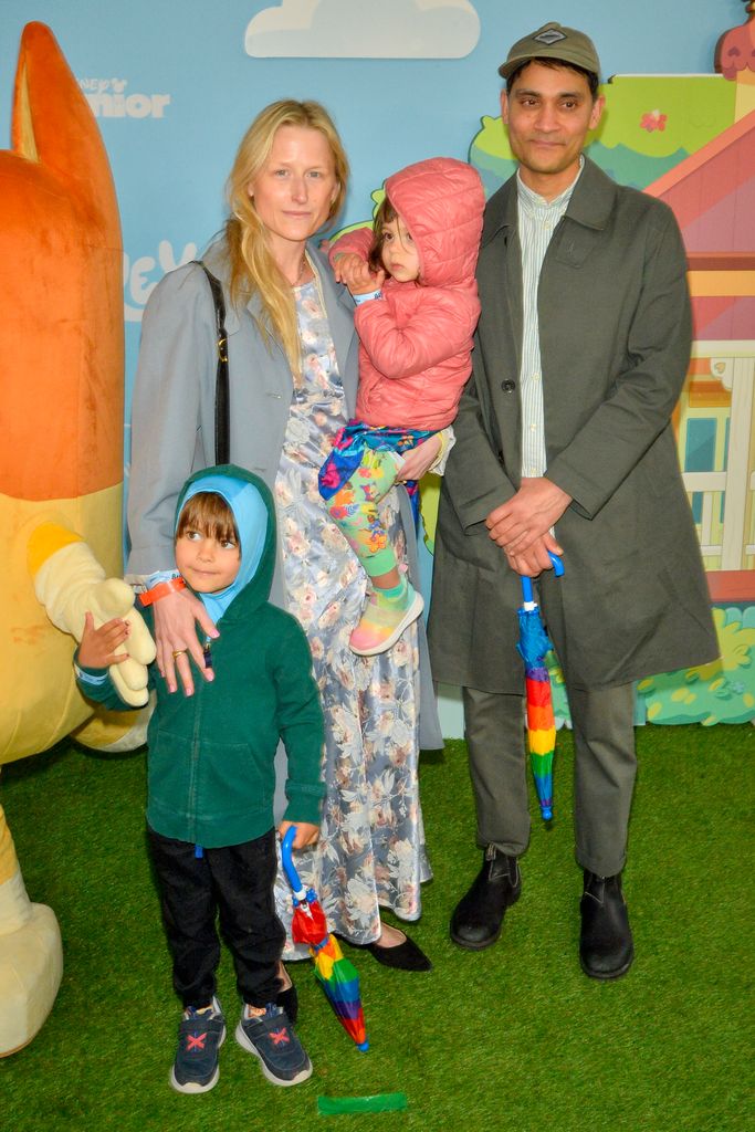 Mamie Gummer, Mehar Sethi and family arrive at Los Angeles Bluey "The Sign" Premiere Party at Walt Disney Studios on April 13, 2024 in Burbank, California