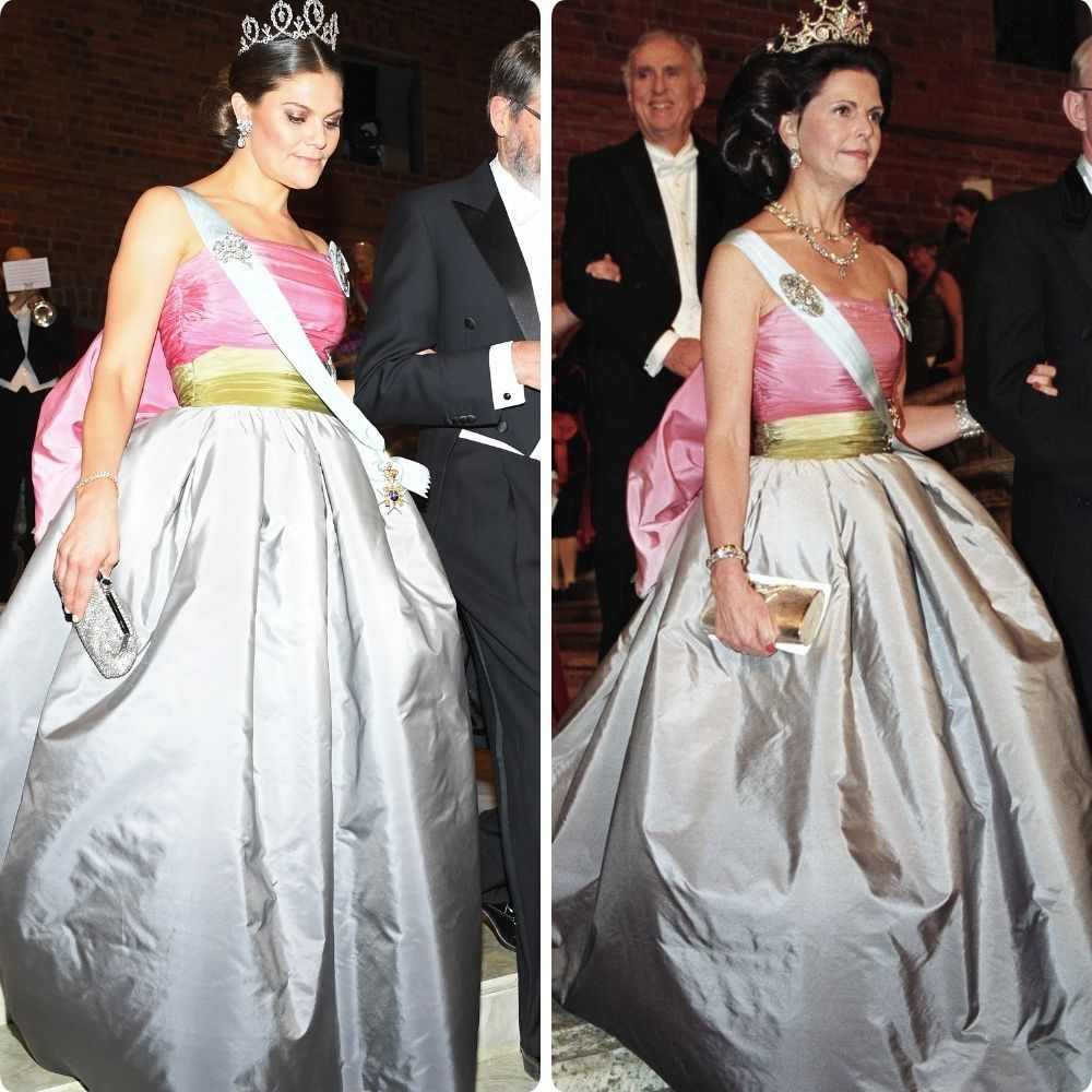 Princesa Victoria e Rainha Silvia no mesmo vestido de baile prateado e rosa
