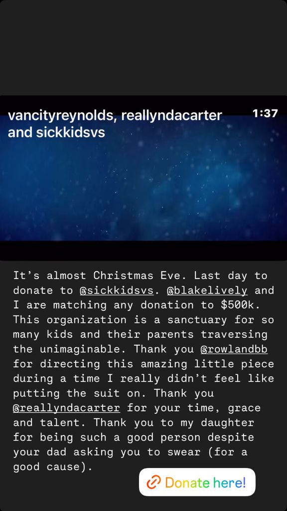 Ryan Reynolds shares a message about his SickKids Foundation video on Instagram Stories