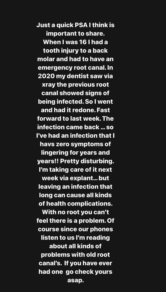 A statement from Christina Hall which reveals she has had a lingering tooth infection for years after a root canal