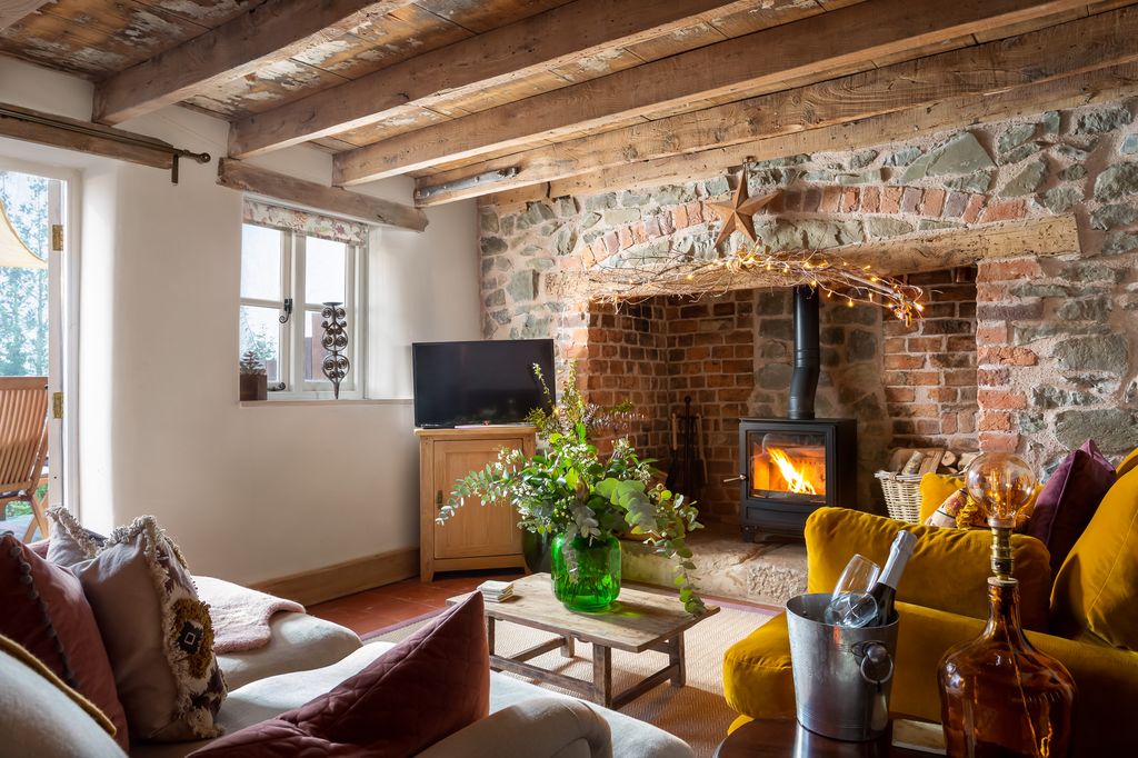 Elsie's Cottage living room with wooden beam ceiling log fire and velvet sofa