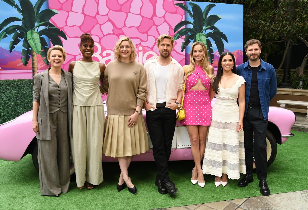Kate McKinnon, Issa Rae, Greta Gerwig, Ryan Gosling, Margot Robbie, America Ferrera and Michael Cera attend the press junket and photo call For "Barbie" at Four Seasons Hotel Los Angeles at Beverly Hills on June 25, 2023 in Los Angeles, California