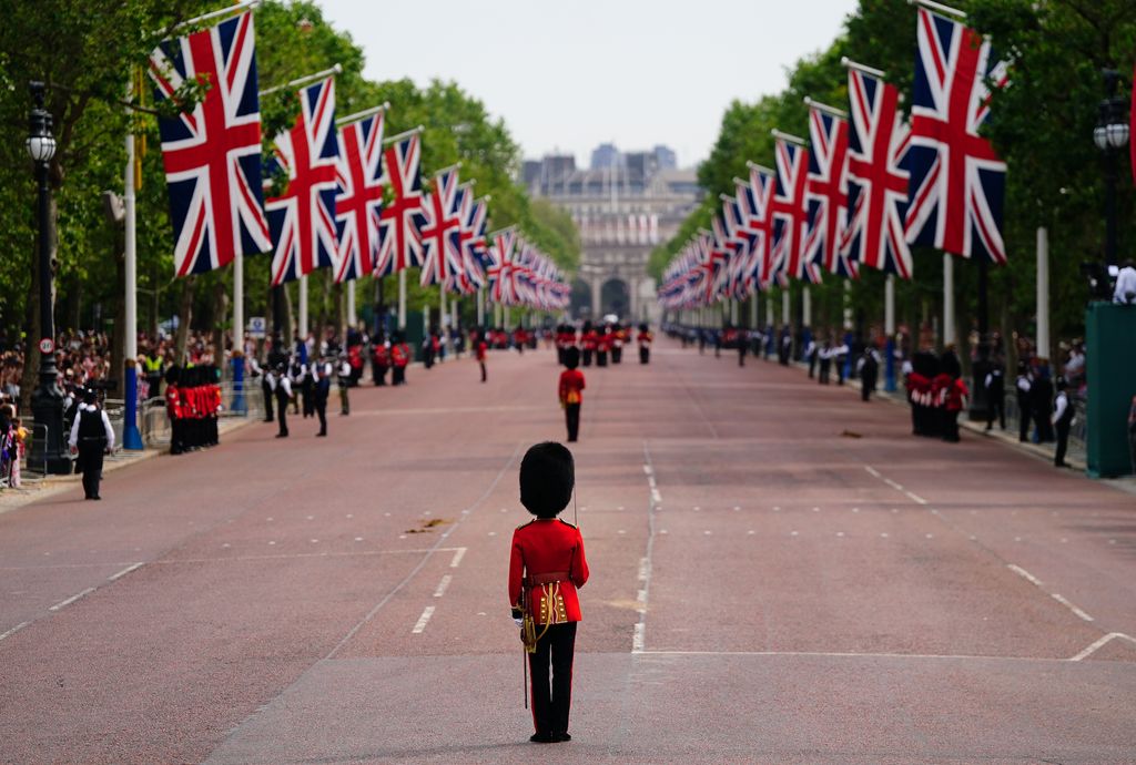 Soldiers gather on The Mall at Trooping the Colour