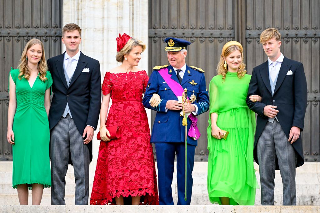 Belgian royals pose on cathedral steps after service
