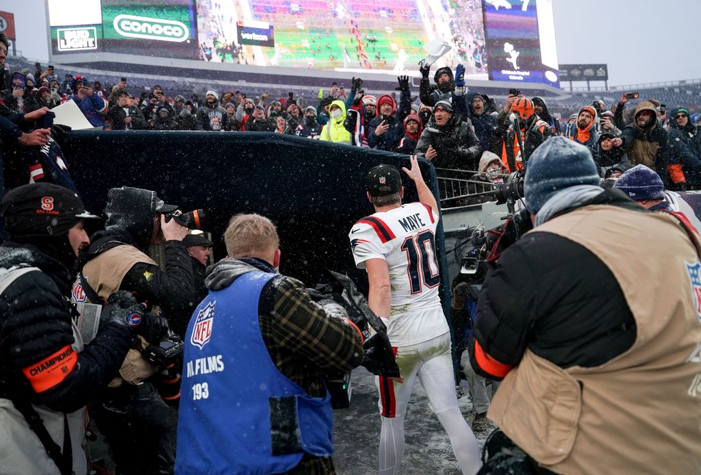 New England Patriots quarterback Drake Maye runs into the tunnel after the game. The New England Patriots played the Denver Broncos in the AFC Championship Game at Empower Field at Mile High on January 25, 2026