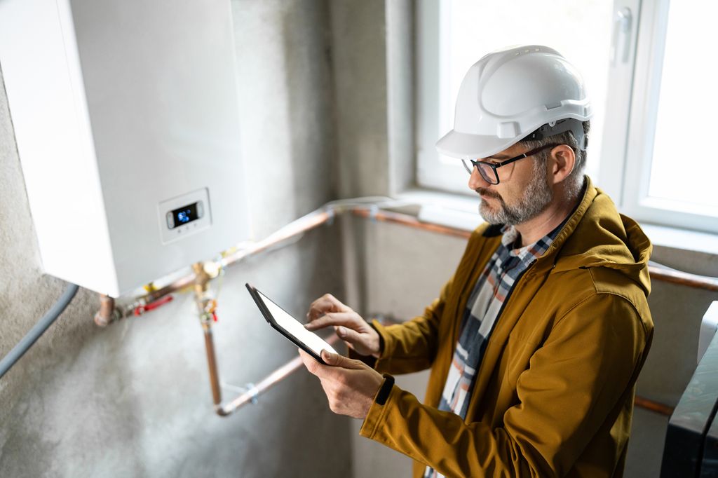 Experienced technician wearing safety gear using a tablet to evaluate a gas heating unit in a bright, industrial interior. The image showcases professional skill and modern technology in heating system maintenance.