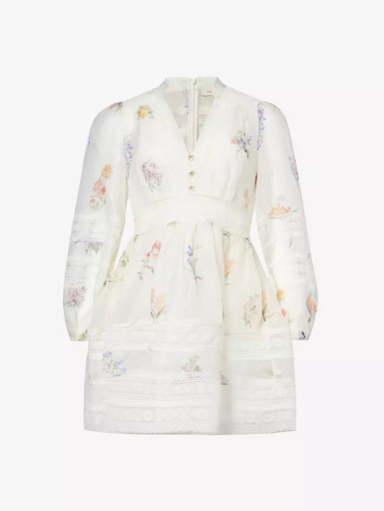 Lace floral-print linen and silk-blend mini dress