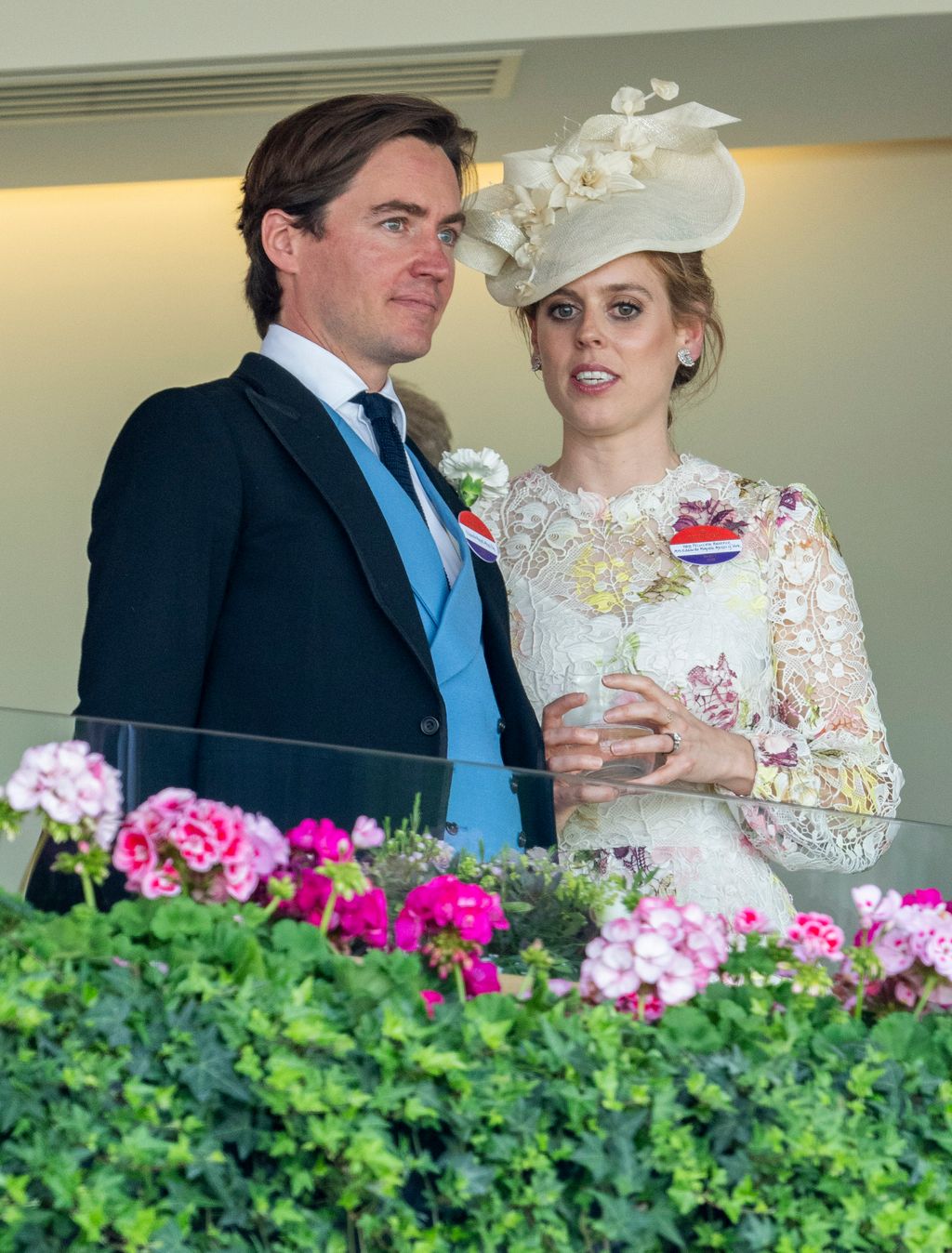 Edoardo Mapelli Mozzi in a blue suit and Princess Beatrice in a white lace dress at Royal Ascot 2023 