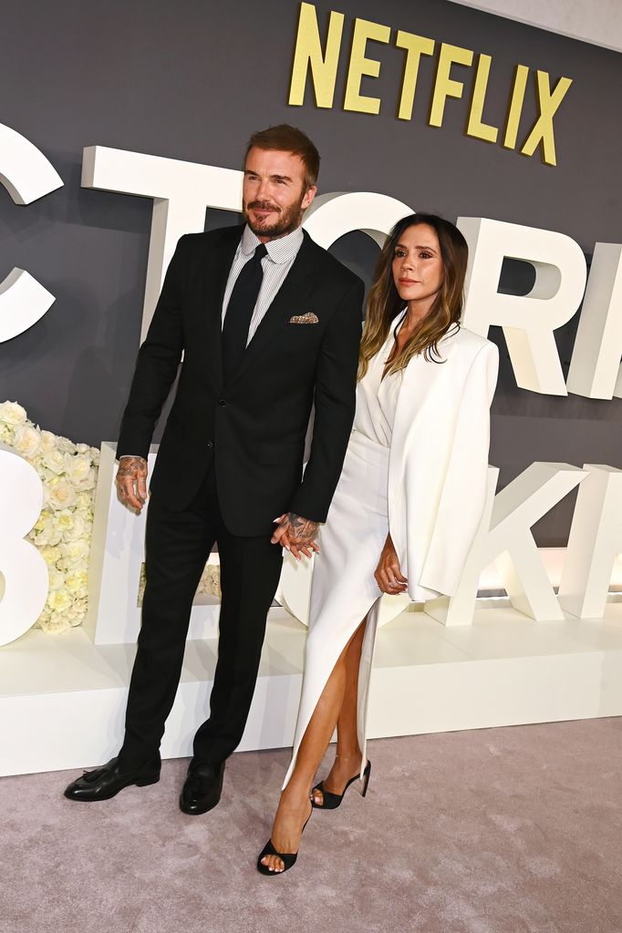 David Beckham and Victoria Beckham attend the World Premiere of "Victoria Beckham" at The Curzon Mayfair on October 8, 2025 in London, England