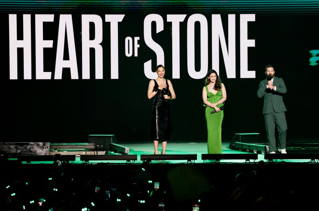 Gal Gadot, Alia Bhatt and Jamie Dornan speak during Netflix's Tudum: A Global Fan Event 2023 at FundaÃ§Ã£o Bienal de SÃ£o Paulo on June 17, 2023 in Sao Paulo, Brazil