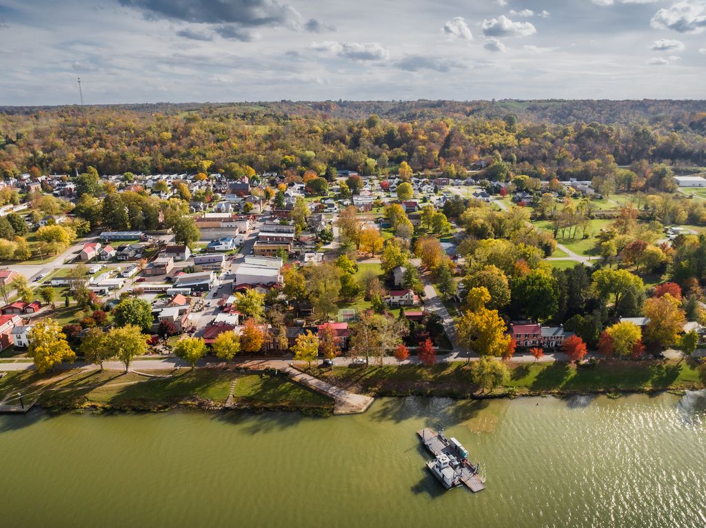 Aerial shot of houses in Augusta, Kentucky 