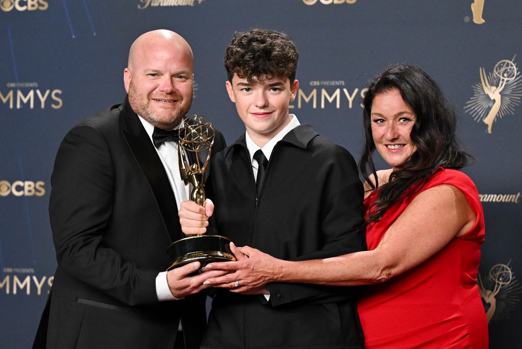 Owen Cooper and his parents at the 77th Primetime Emmy Awards in 2025