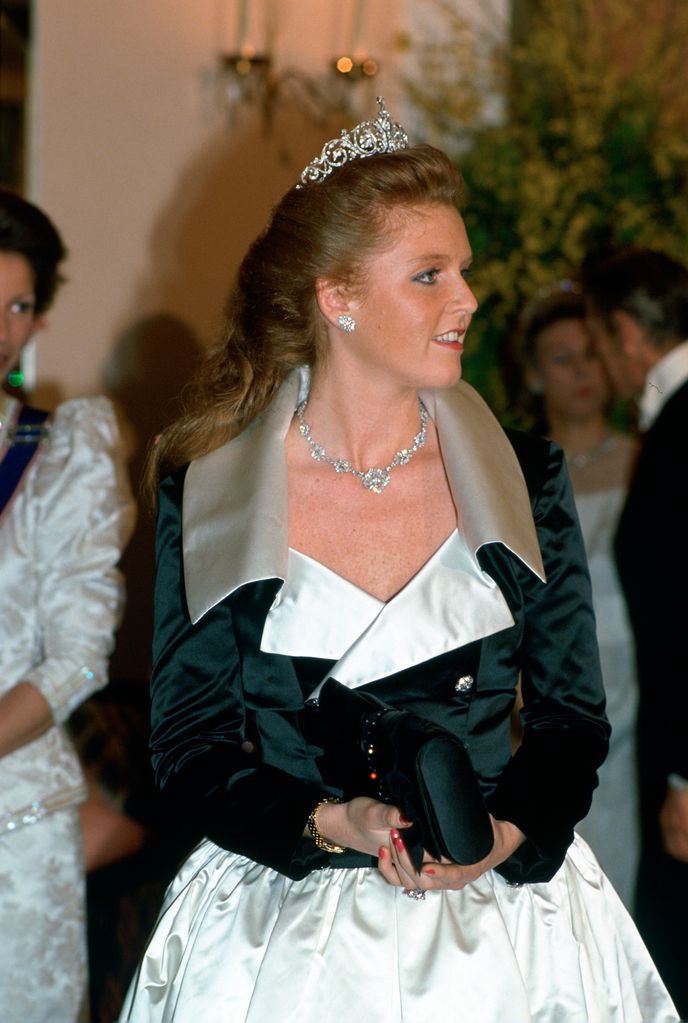 Sarah Ferguson wearing black and white and satin gown and York tiara in London in 1987