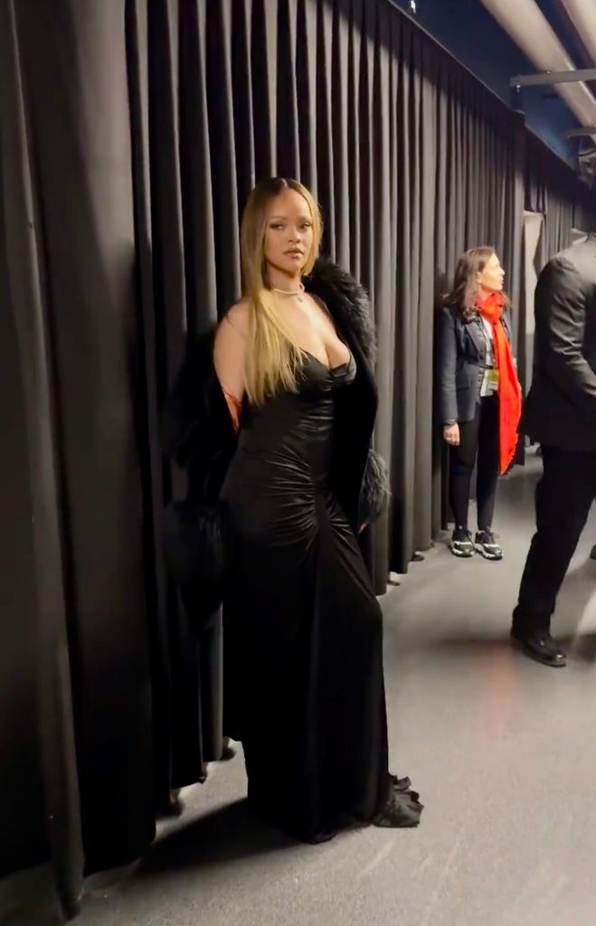 Rihanna backstage, dressed all in black, at Yellow Pieces concert and gala in Paris