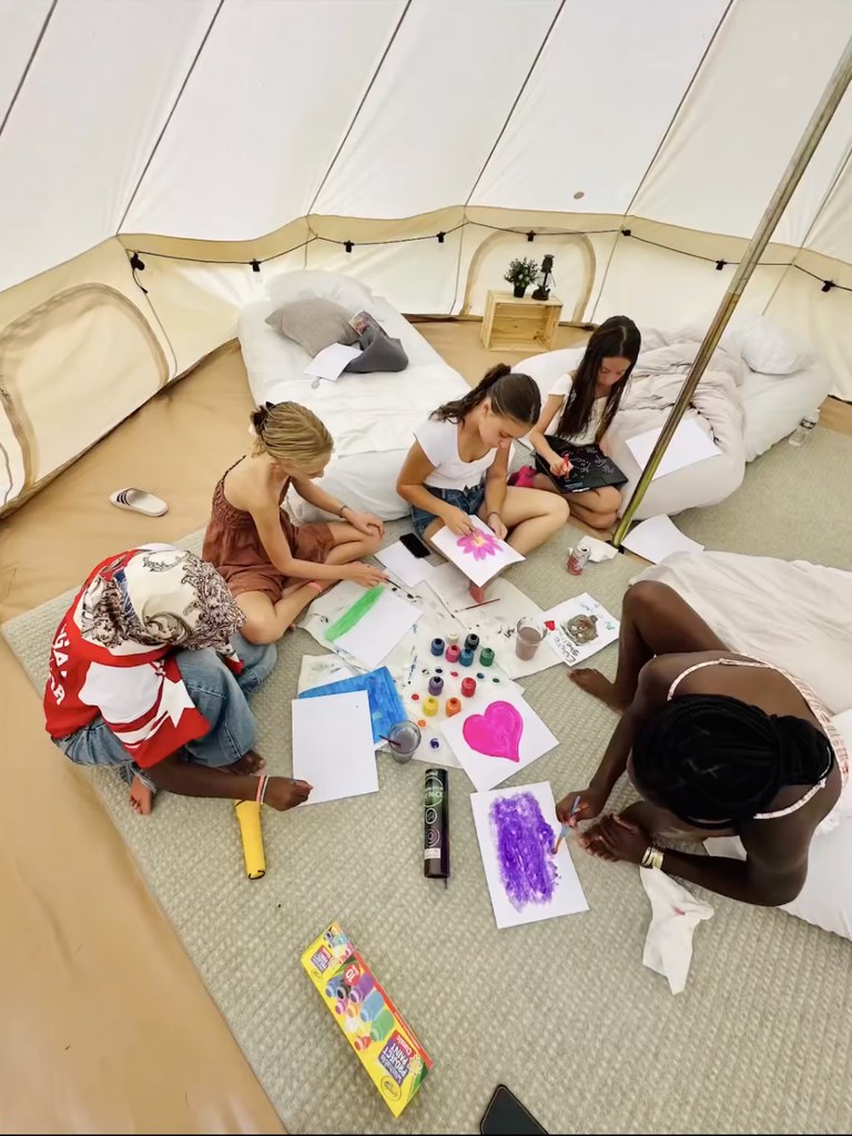 Madonna's daughters Stella and Estere paint with their friends in a tent at her 12th birthday party, shared on Instagram