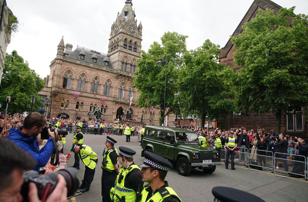 Duke of Westminster arriving at Chester Cathedral in a green Land Rover