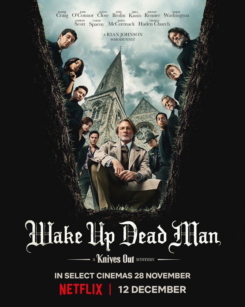 A movie poster of several people looking into a grave