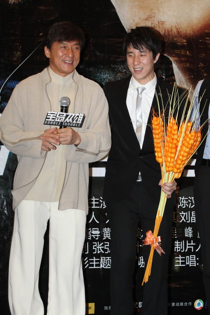 Jackie Chan and his son Jaycee Chan attend "Double Trouble" premiere at Jackie Chan Yaolai International Cinema on June 5, 2012 in Beijing, China