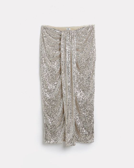 silver sequin pleated midi skirt