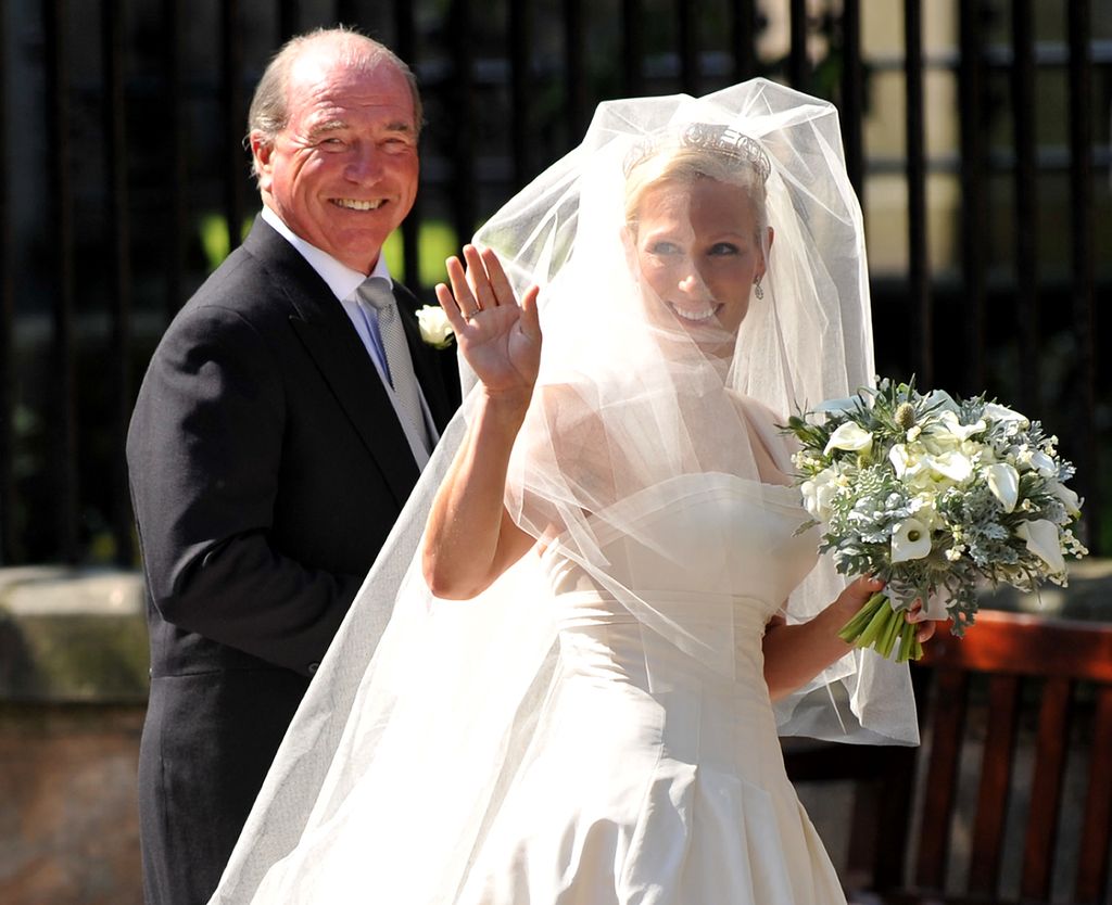 Zara Phillips on her wedding day arriving at church with father Captain Mark Phillips