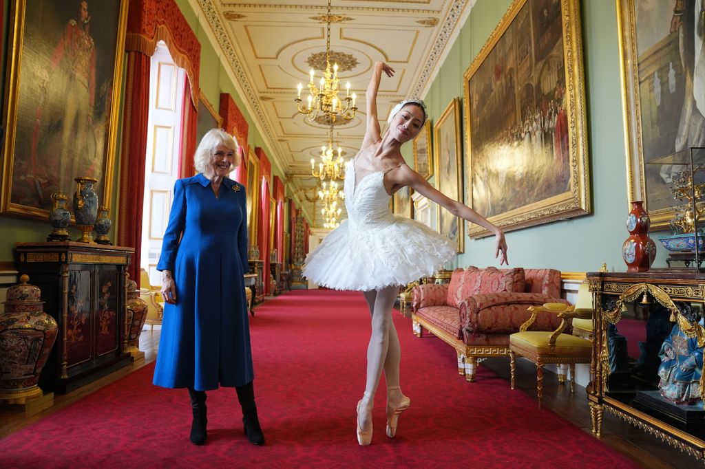 Queen Camilla, Patron of the English National Ballet, stands beside ballerina Sangeun Lee 