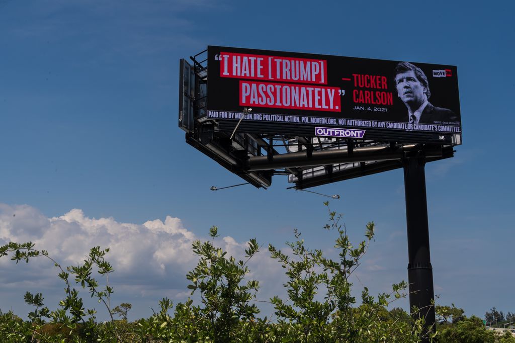 On the heels of Donald Trump's indictment by a New York Grand Jury on felony charges, MoveOn erected a pair of billboards on the highway approaches to Mar-a-Lago, Trump's Florida residence on April 03, 2023