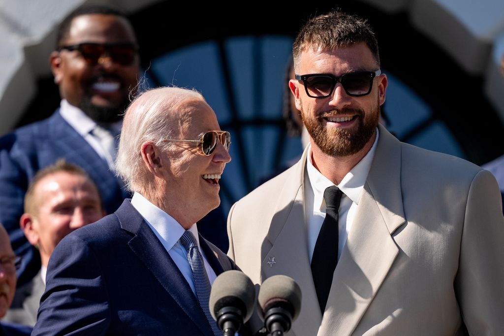 President Joe Biden invites tight end Travis Kelce of the Kansas City Chiefs to speak during an event on the South Lawn of the White House 