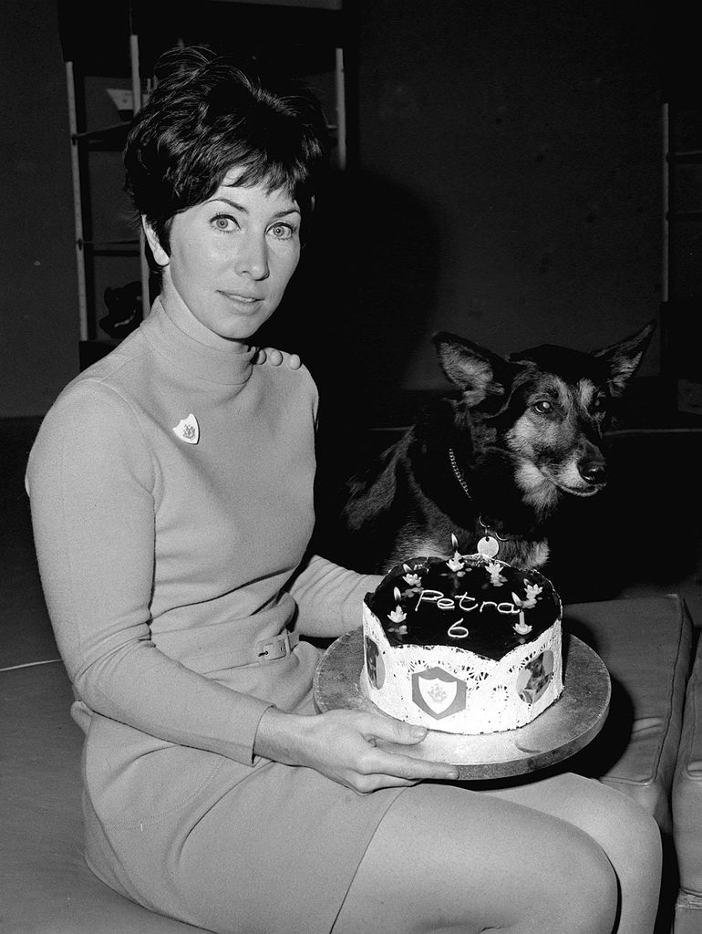 BBC tv Blue Peter presenter Valerie Singleton celebrating the sixth birthday of the show's pet dog Petra (right), a mogrel bitch, at Lime Grove Studios in London.   (Photo by PA Images via Getty Images)