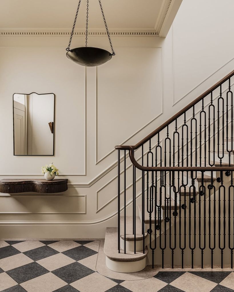 black and white tiled hallway