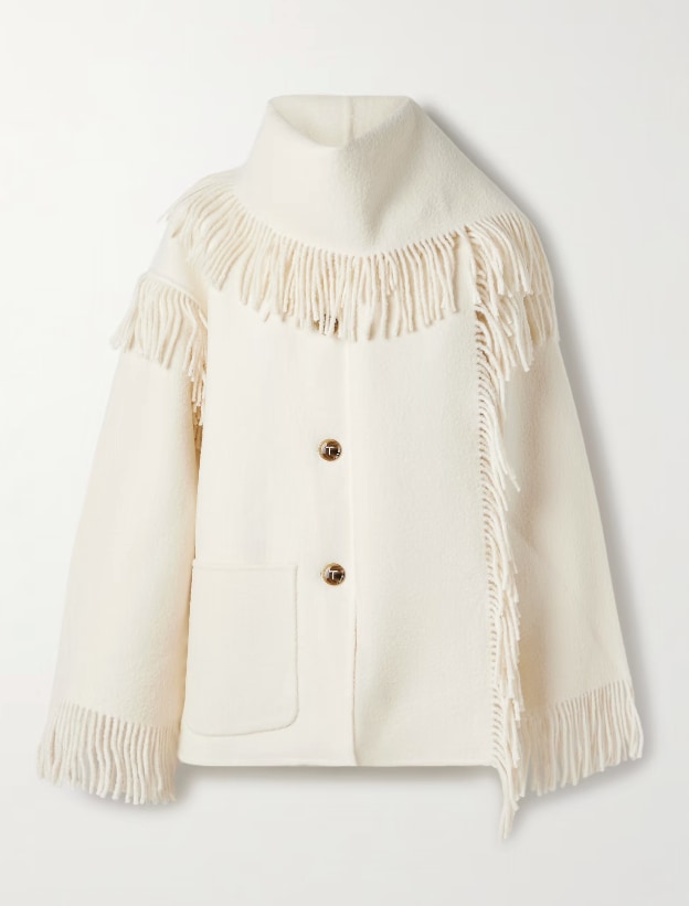 Draped fringed wool-blend jacke