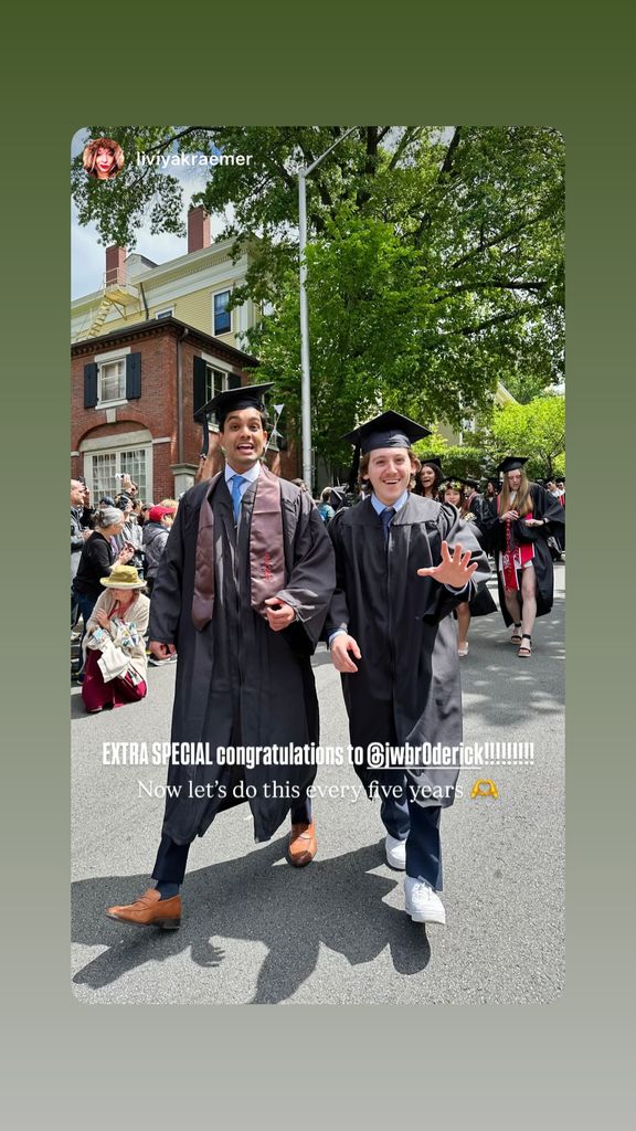 James Wilkie Broderick captured walking in his graduation garb with a friend at Brown University, shared on Instagram Stories