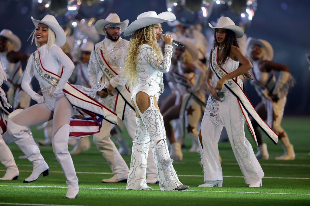 Beyoncé and Blue Ivy perform during the halftime show for the game between the Baltimore Ravens and the Houston Texans at NRG Stadium on December 25, 2024 in Houston, Texas