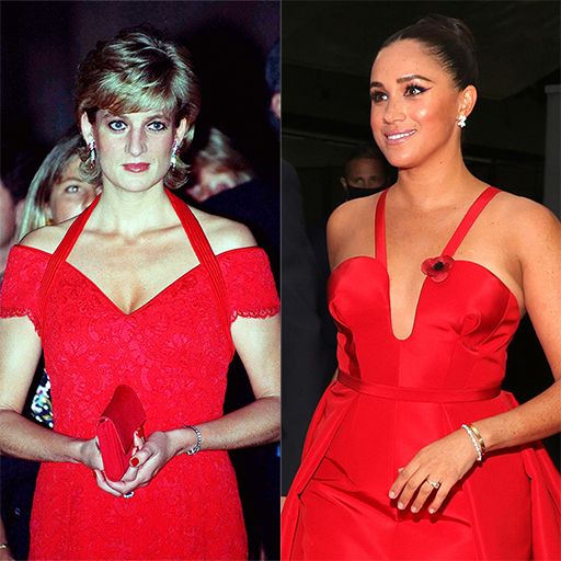 Princess Diana and Meghan Markle both wearing red strappy dresses