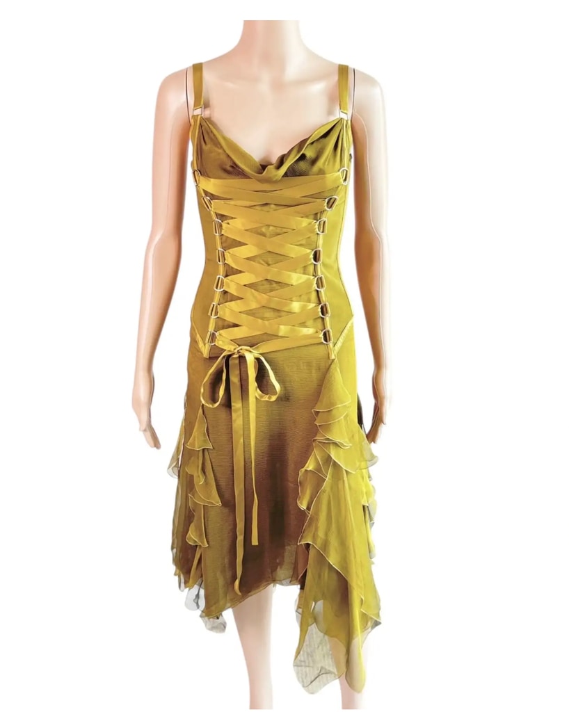 2003 Runway Corseted Lace-Up Ruffled Sheer Silk Chiffon Dress versace