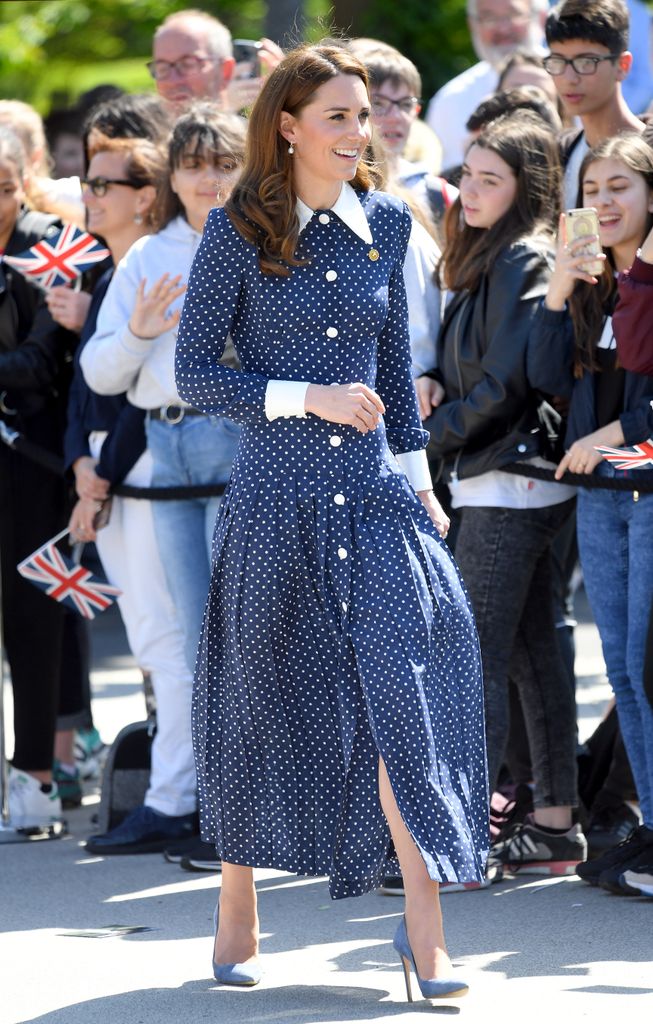 princess kate in navy polka dot dress at d day exhibition 