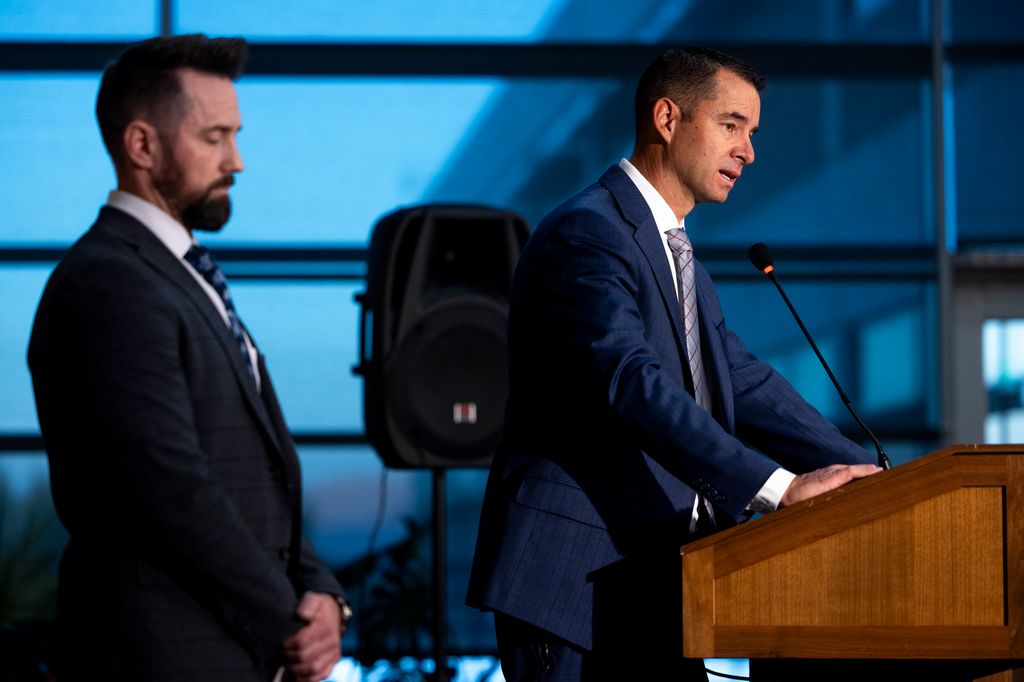 Utah Department of Public Safety commissioner Beau Mason, right, stands with FBI Special Agent in Charge Robert Bohls during a press conference to give an update on the search for the man who killed political activist Charlie Kirk on September 11, 2025 in Orem, Utah. Authorities are still searching for the person who shot and killed Kirk at an event on the campus on Wednesday