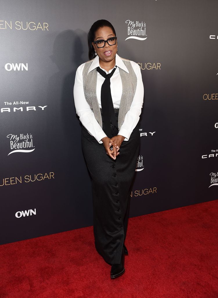 oprah winfrey white shirt black tie taping of queen sugar red carpet