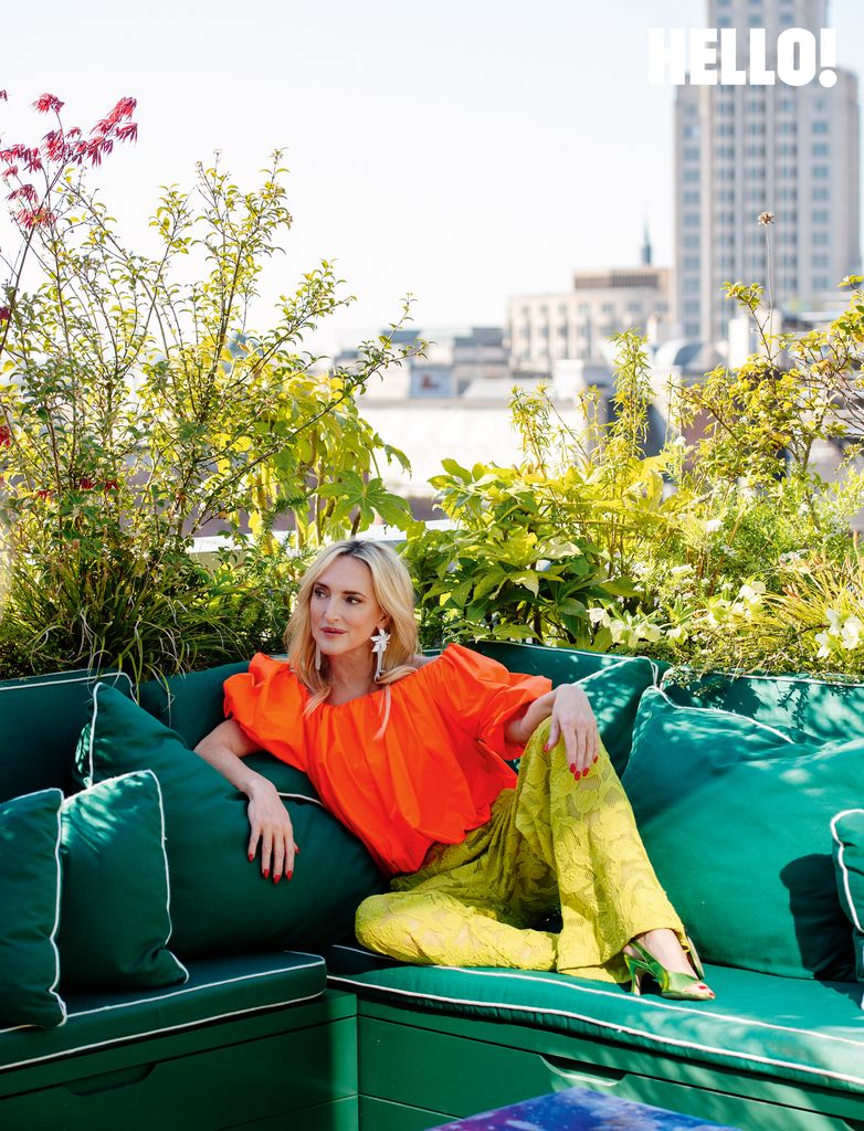 Inge relaxing on the terrace outside the three-storey apartment in Antwerp’s Graanmarkt Square