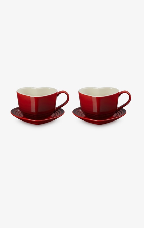 Stoneware Set of 2 Heart Mugs with Saucers