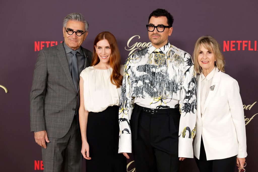 Eugene Levy, Sarah Levy, Daniel Levy and Deborah Divine attend the Los Angeles Premiere of Netflix's "Good Grief" at The Egyptian Theatre Hollywood on December 19, 2023