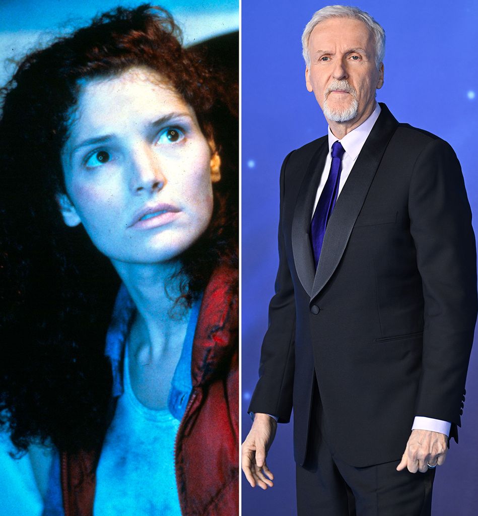Split image of Mary Elizabeth Mastrantonio in The Abyss and James Cameron