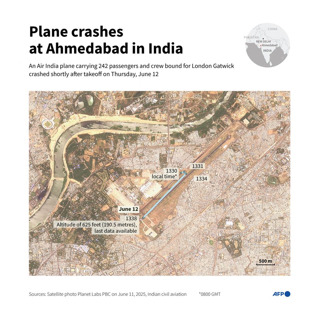 Satellite image from Planet Labs PBC showing the Ahmedabad airport, in northwest India, and the flight path of the Air India plane 
