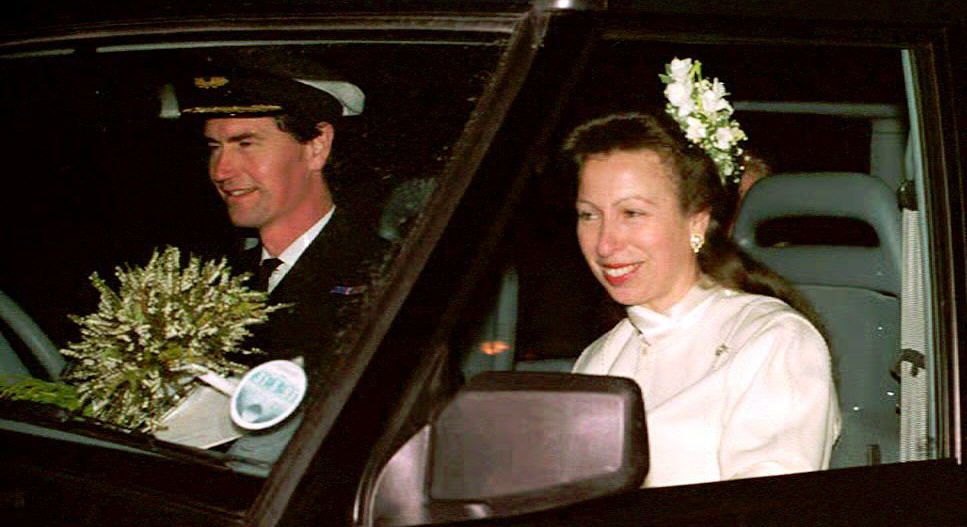 Princess Anne smiling in the car on her wedding day with Tim Laurence