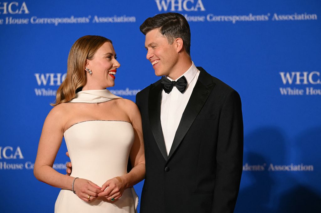 Scarlett Johansson and Colin Jost arrive for the White House Correspondents' Association (WHCA) dinner at the Washington Hilton, in Washington, DC, on April 27, 2024