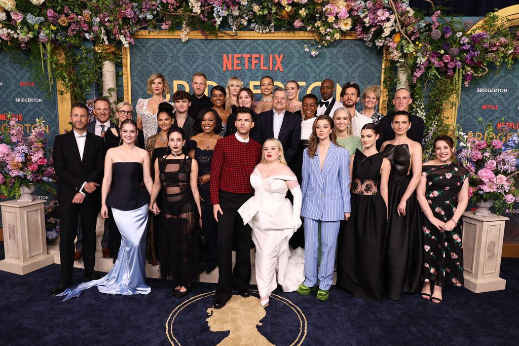 Cast and crew of Netflix's "Bridgerton" Season 3 pose at the World Premiere at Alice Tully Hall, Lincoln Center on May 13, 2024 in New York City.