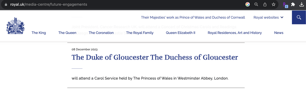Screenshot of an announcement that the Duke and Duchess of Gloucester would be heading to a carol concert