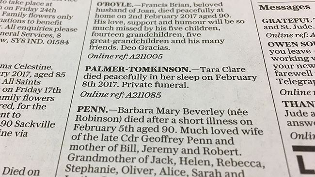 tara palmer tomkinson death announcement telegraph