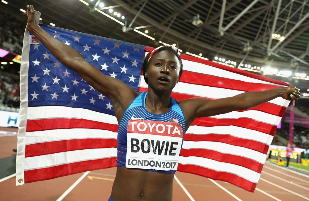 Tori Bowie of the United States celebrates winning gold in the Women's 100 Metres Final during day three of the 16th IAAF World Athletics Championships London 2017 at The London Stadium on August 6, 2017 